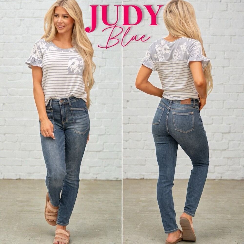 Judy Blue Dark Wash High Rise Patch Pocket Skinny Jeans Stretch Plus & Reg NWT - Picture 2 of 16
